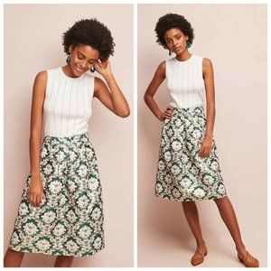 NWT Anthropologie Jacquard A-Line Pleated Midi Skirt Emerald Green Ivory S $118